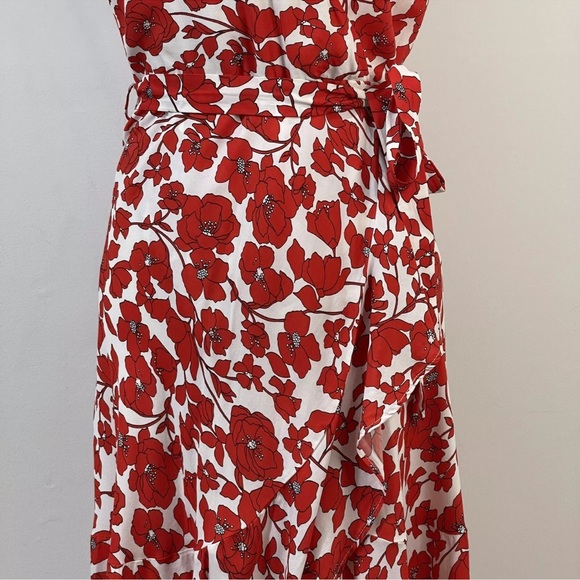 Bardot Fiesta Floral Faux Wrap Midi Dress Size 12 Red Asymmetrical Ruffles NEW - Picture 3 of 12